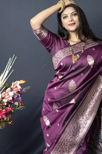 Wine banarasi silk blend saree with zari weaving