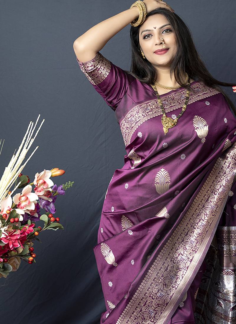 Wine banarasi silk blend saree with zari weaving