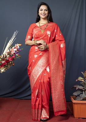Red banarasi silk blend saree with zari weaving 1