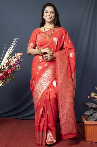 Red banarasi silk blend saree with zari weaving