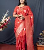 Red banarasi silk blend saree with zari weaving