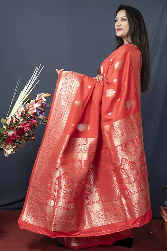 Red banarasi silk blend saree with zari weaving