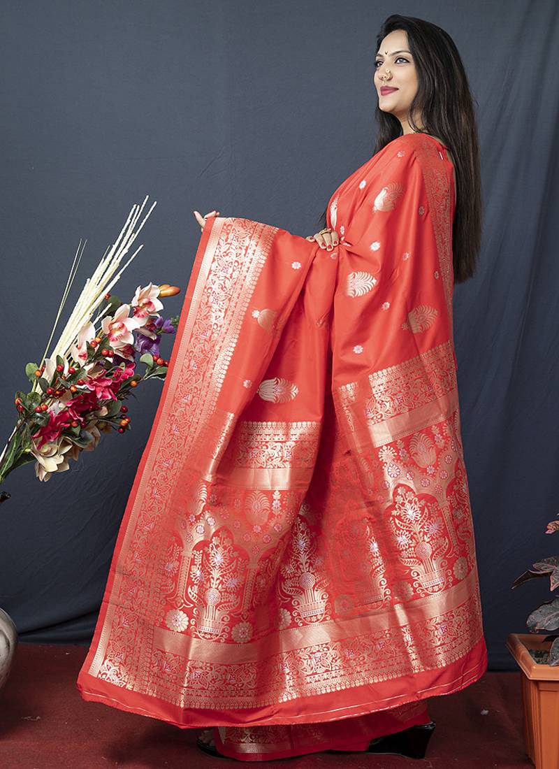 Red banarasi silk blend saree with zari weaving