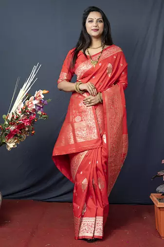 Red banarasi silk blend saree with zari weaving