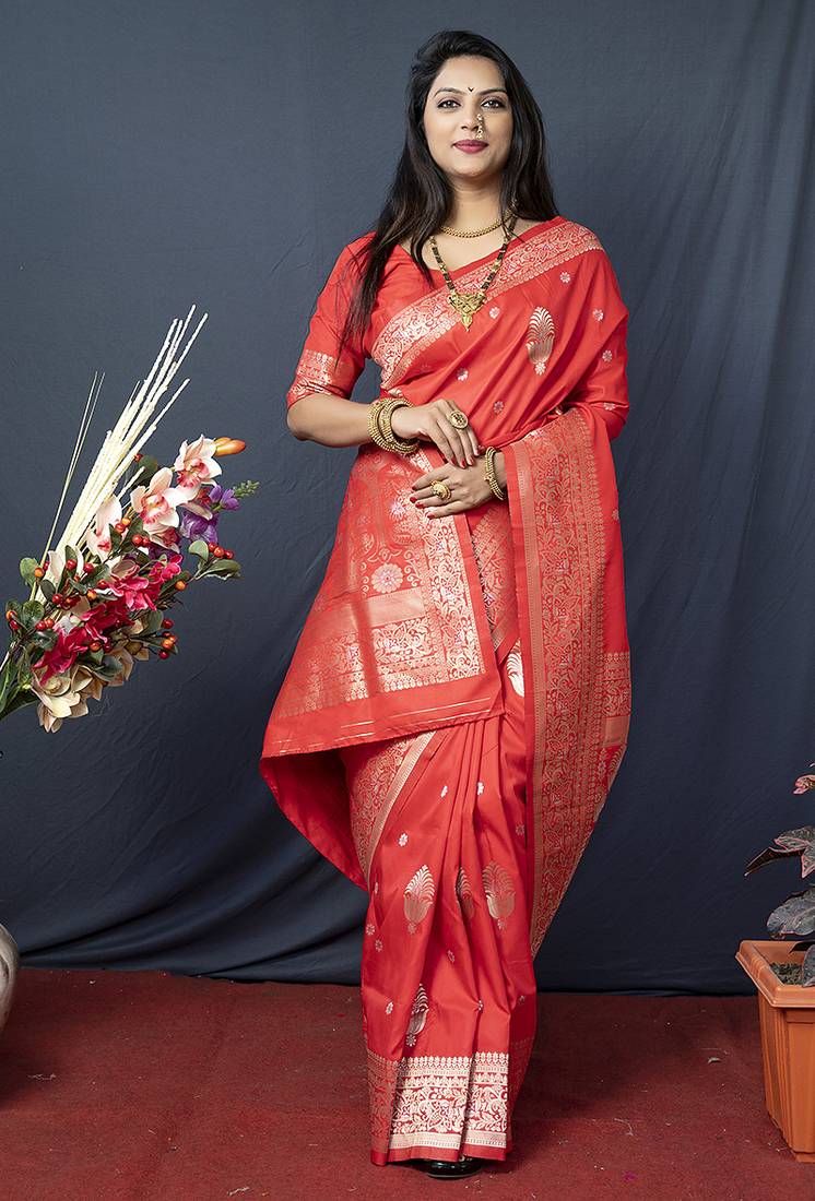 Red banarasi silk blend saree with zari weaving
