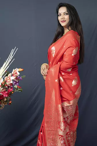 Red banarasi silk blend saree with zari weaving