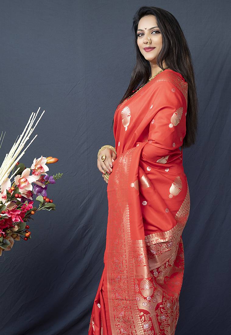 Red banarasi silk blend saree with zari weaving