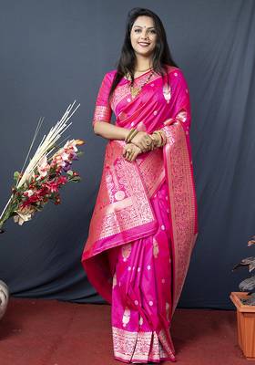 Hot pink banarasi silk blend saree with zari weaving 1