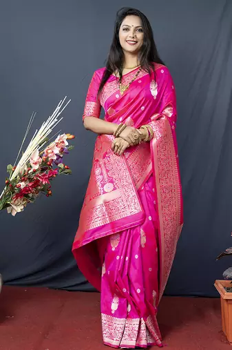 Hot pink banarasi silk blend saree with zari weaving