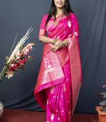 Hot pink banarasi silk blend saree with zari weaving