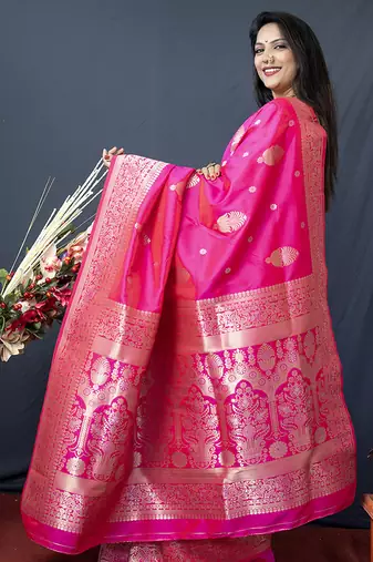 Hot pink banarasi silk blend saree with zari weaving