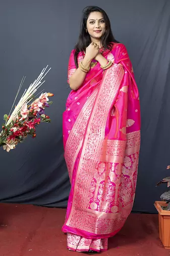 Hot pink banarasi silk blend saree with zari weaving
