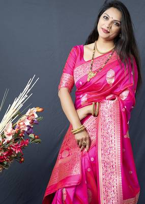 Hot pink banarasi silk blend saree with zari weaving 4