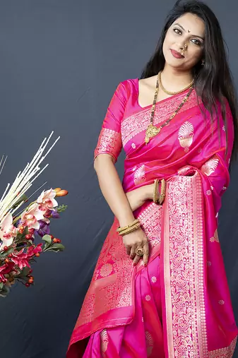 Hot pink banarasi silk blend saree with zari weaving