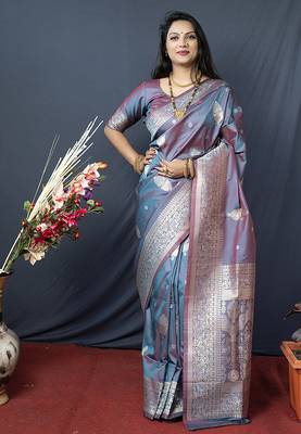 Grey banarasi silk blend saree with zari weaving 1
