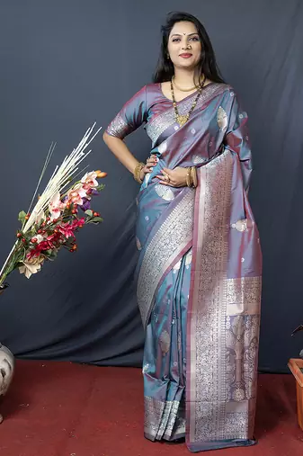 Grey banarasi silk blend saree with zari weaving