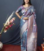 Grey banarasi silk blend saree with zari weaving