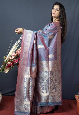 Grey banarasi silk blend saree with zari weaving 2