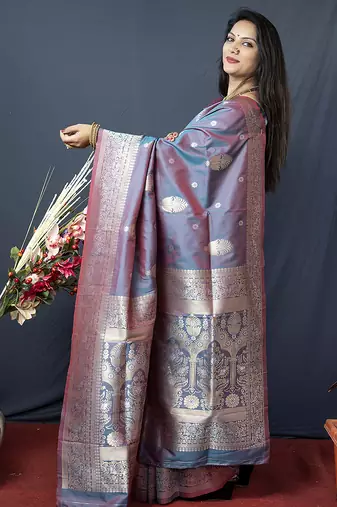 Grey banarasi silk blend saree with zari weaving