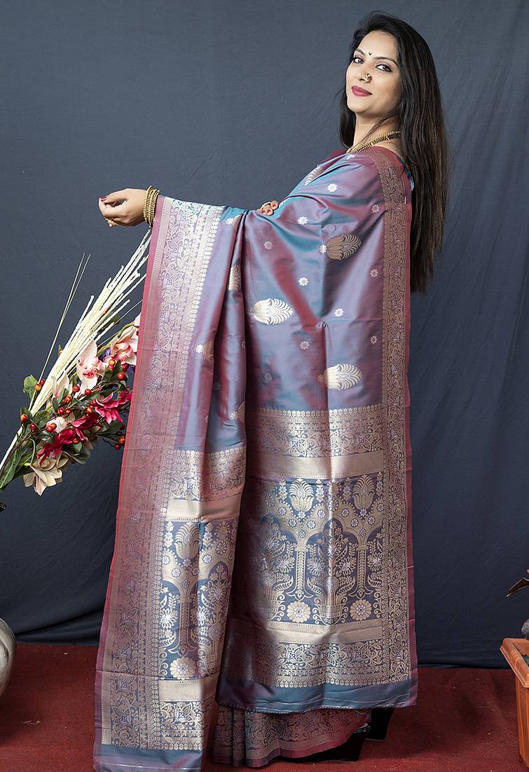 Grey banarasi silk blend saree with zari weaving