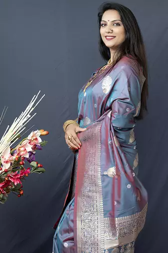 Grey banarasi silk blend saree with zari weaving