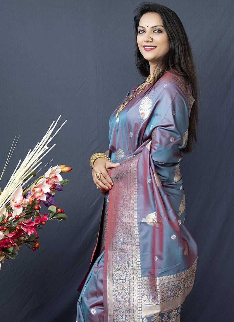 Grey banarasi silk blend saree with zari weaving
