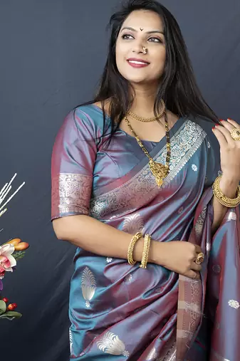 Grey banarasi silk blend saree with zari weaving