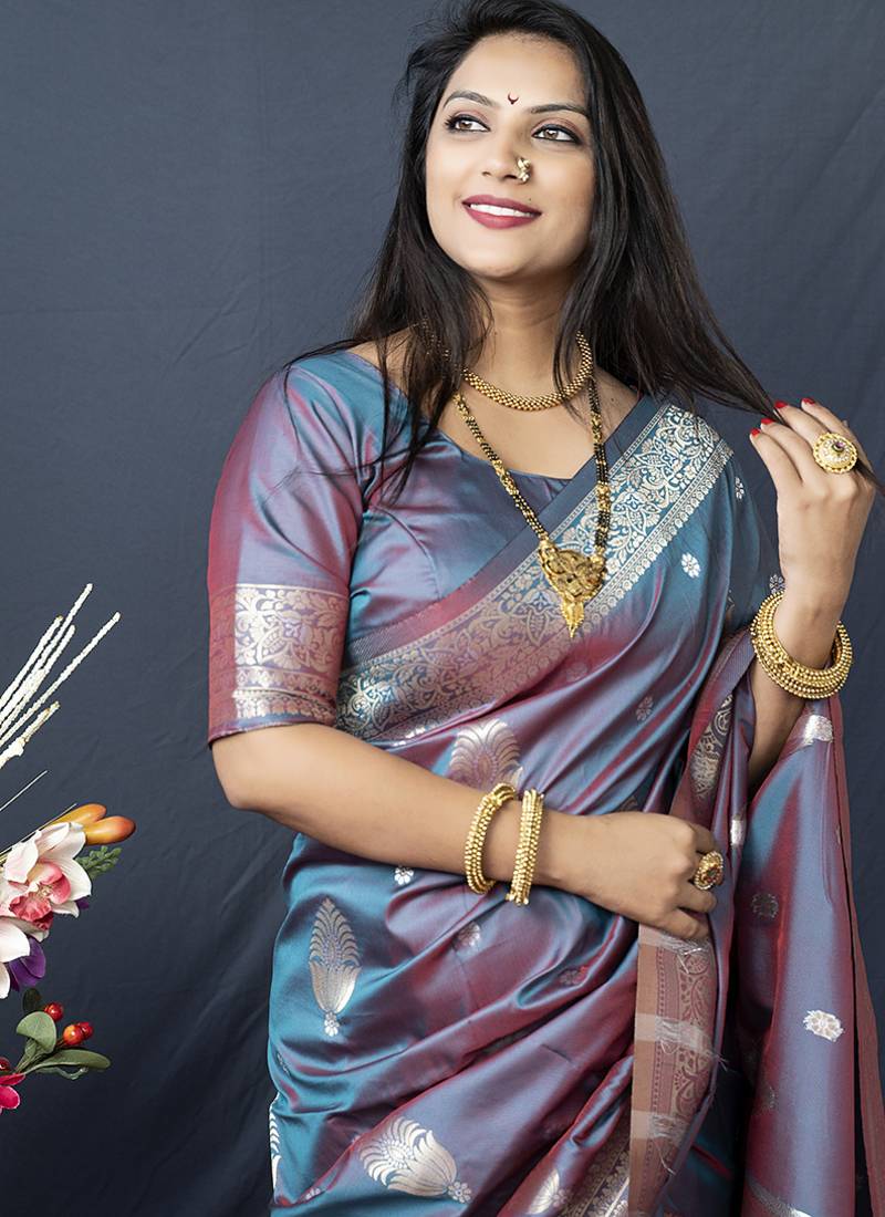 Grey banarasi silk blend saree with zari weaving