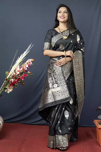 Black banarasi silk blend saree with zari weaving