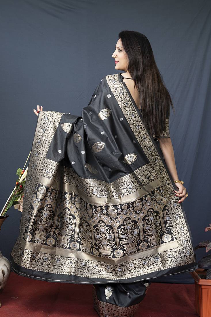 Black banarasi silk blend saree with zari weaving