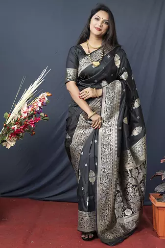 Black banarasi silk blend saree with zari weaving