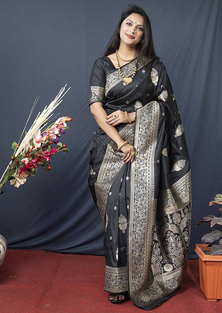 Black banarasi silk blend saree with zari weaving
