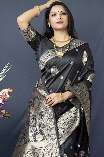 Black banarasi silk blend saree with zari weaving