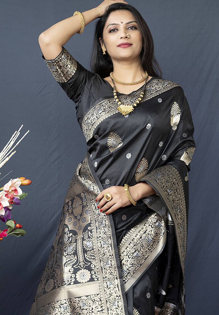 Black banarasi silk blend saree with zari weaving