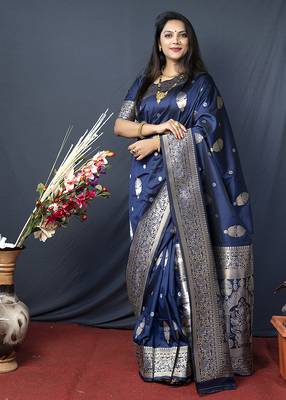 Navy blue banarasi silk blend saree with zari weaving 1