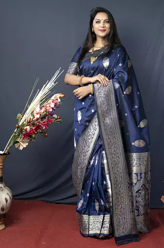 Navy blue banarasi silk blend saree with zari weaving