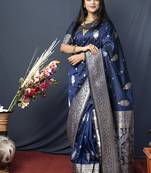 Navy blue banarasi silk blend saree with zari weaving