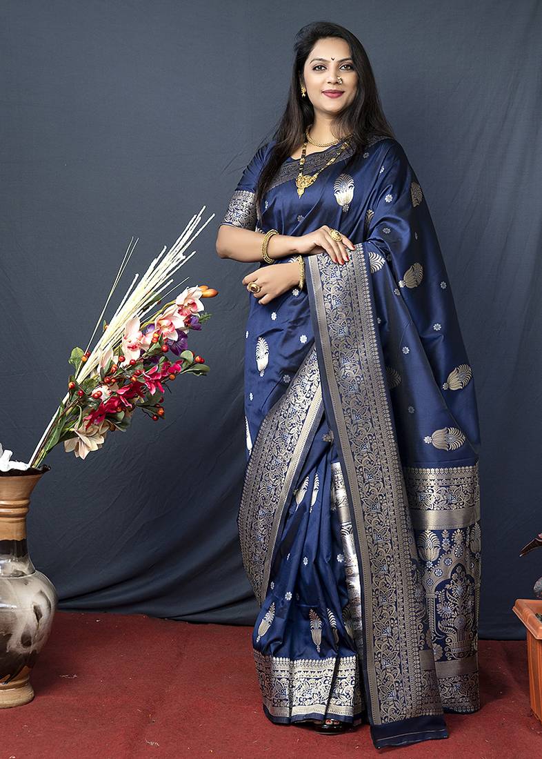Navy blue banarasi silk blend saree with zari weaving
