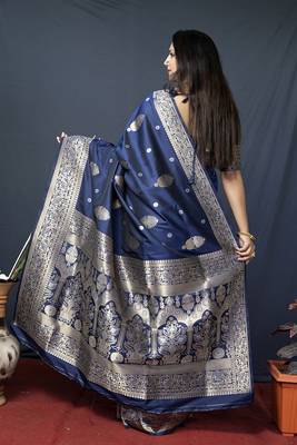 Navy blue banarasi silk blend saree with zari weaving 2