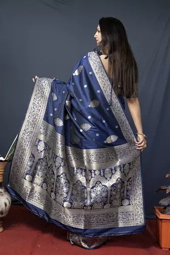 Navy blue banarasi silk blend saree with zari weaving