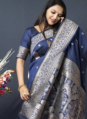 Navy blue banarasi silk blend saree with zari weaving 3