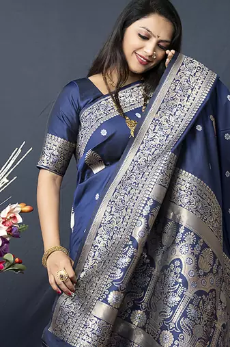 Navy blue banarasi silk blend saree with zari weaving