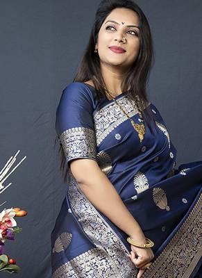 Navy blue banarasi silk blend saree with zari weaving 4