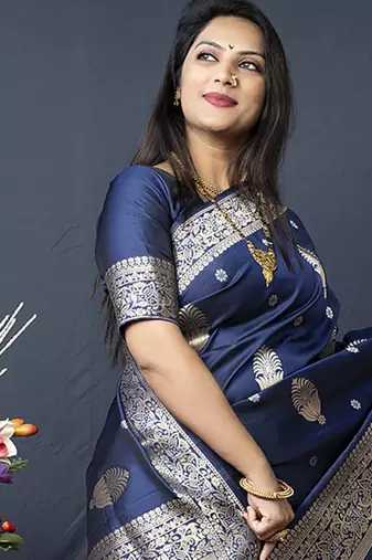 Navy blue banarasi silk blend saree with zari weaving