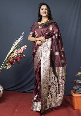 Maroon banarasi silk blend saree with zari weaving 1
