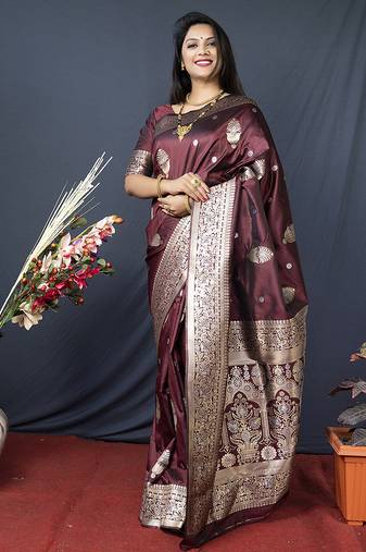 Maroon banarasi silk blend saree with zari weaving