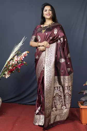 Maroon banarasi silk blend saree with zari weaving
