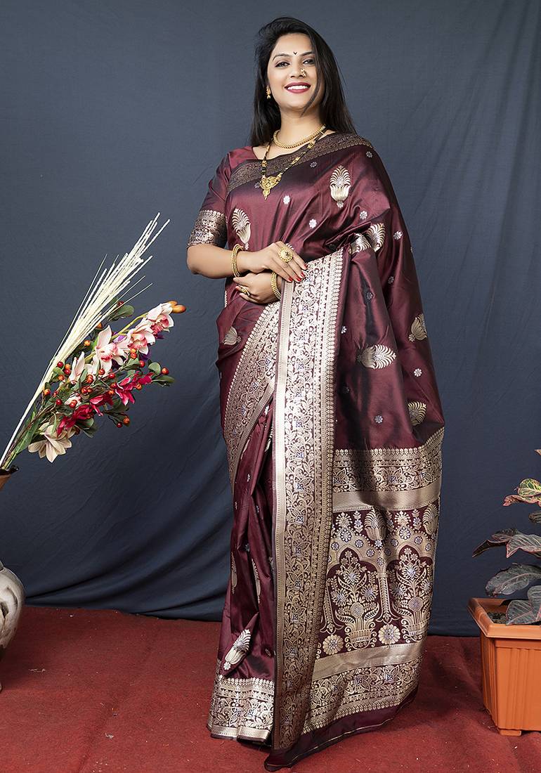 Maroon banarasi silk blend saree with zari weaving