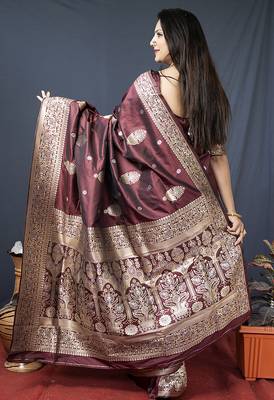 Maroon banarasi silk blend saree with zari weaving 2