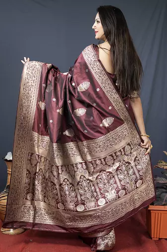 Maroon banarasi silk blend saree with zari weaving